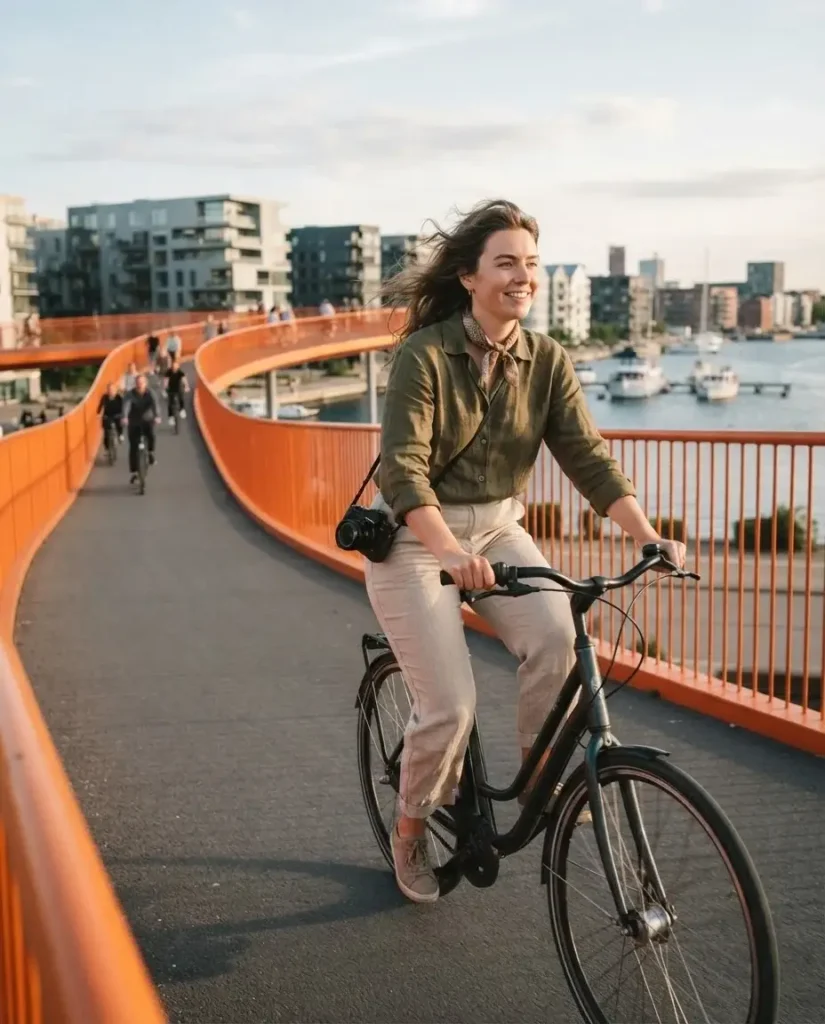  Female traveler cycling the orange Cykelslangen bicycle bridge in Copenhagen, Denmark, with the harbor in the background