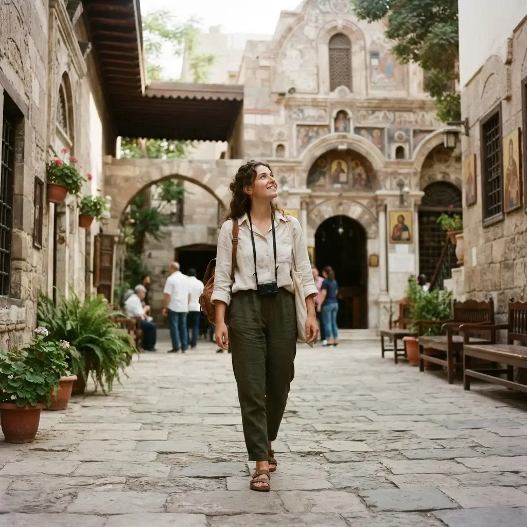 Emma Collins walking through the historic wooden-ceilinged interior of the Hanging Church in Coptic Cairo.