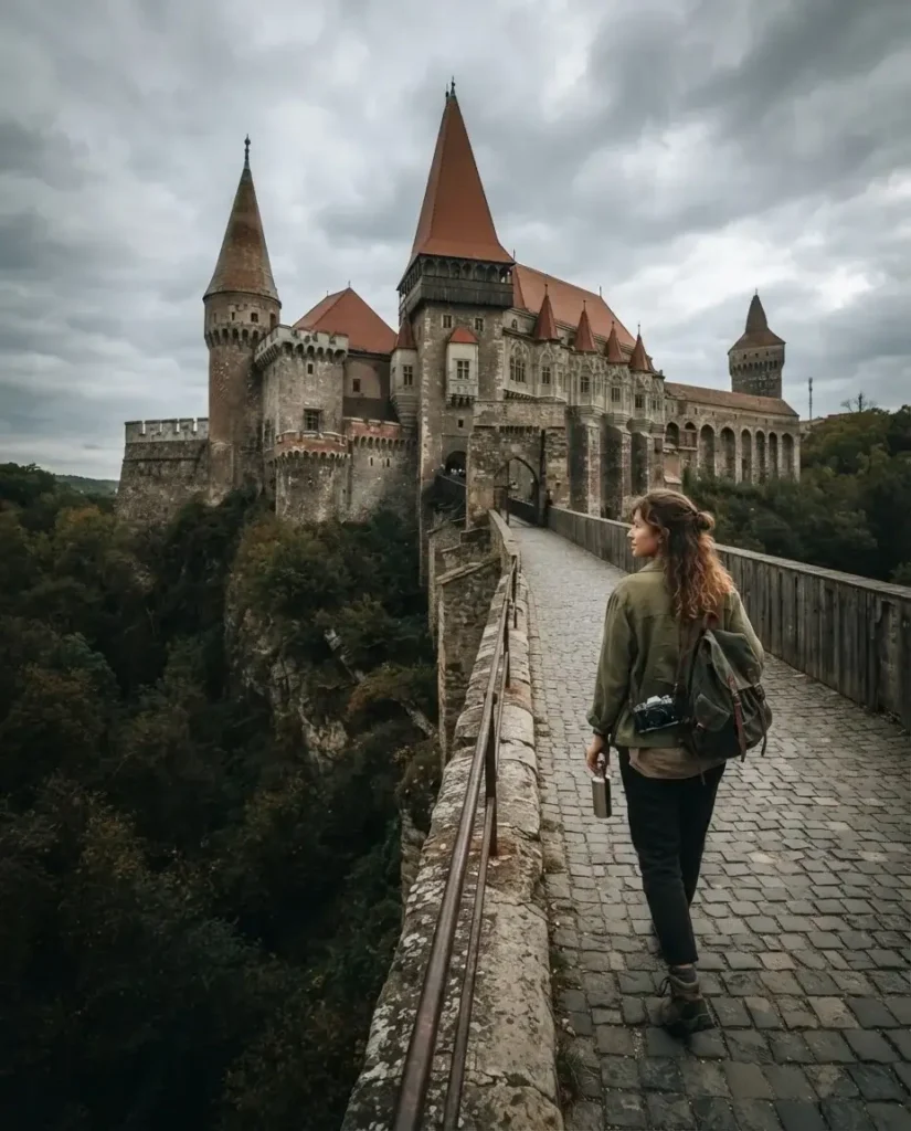 Solo female traveler crossing the stone bridge toward Corvin Castle above a deep ravine in Hunedoara, Romania.