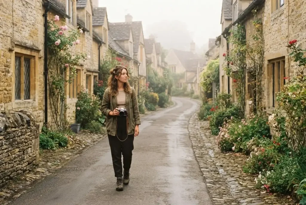 Young woman walking a quiet honey-stone village lane in the Cotswolds, England on a soft misty morning