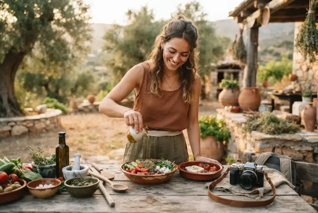 Traveler cooking traditional Greek dishes with fresh vegetables and olive oil at a farm class on Crete, Greece