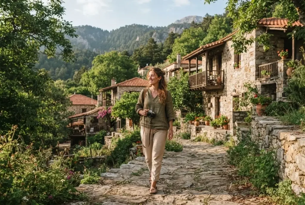 Restored off-grid stone eco-village among chestnut trees in the White Mountains, Crete, Greece, with a solo traveler on a stone path
