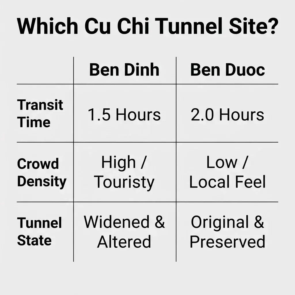 A 1:1 clean vector comparison matrix balancing transit times, crowd densities, and historical authenticity metrics between the Ben Dinh and Ben Duoc tunnel networks.