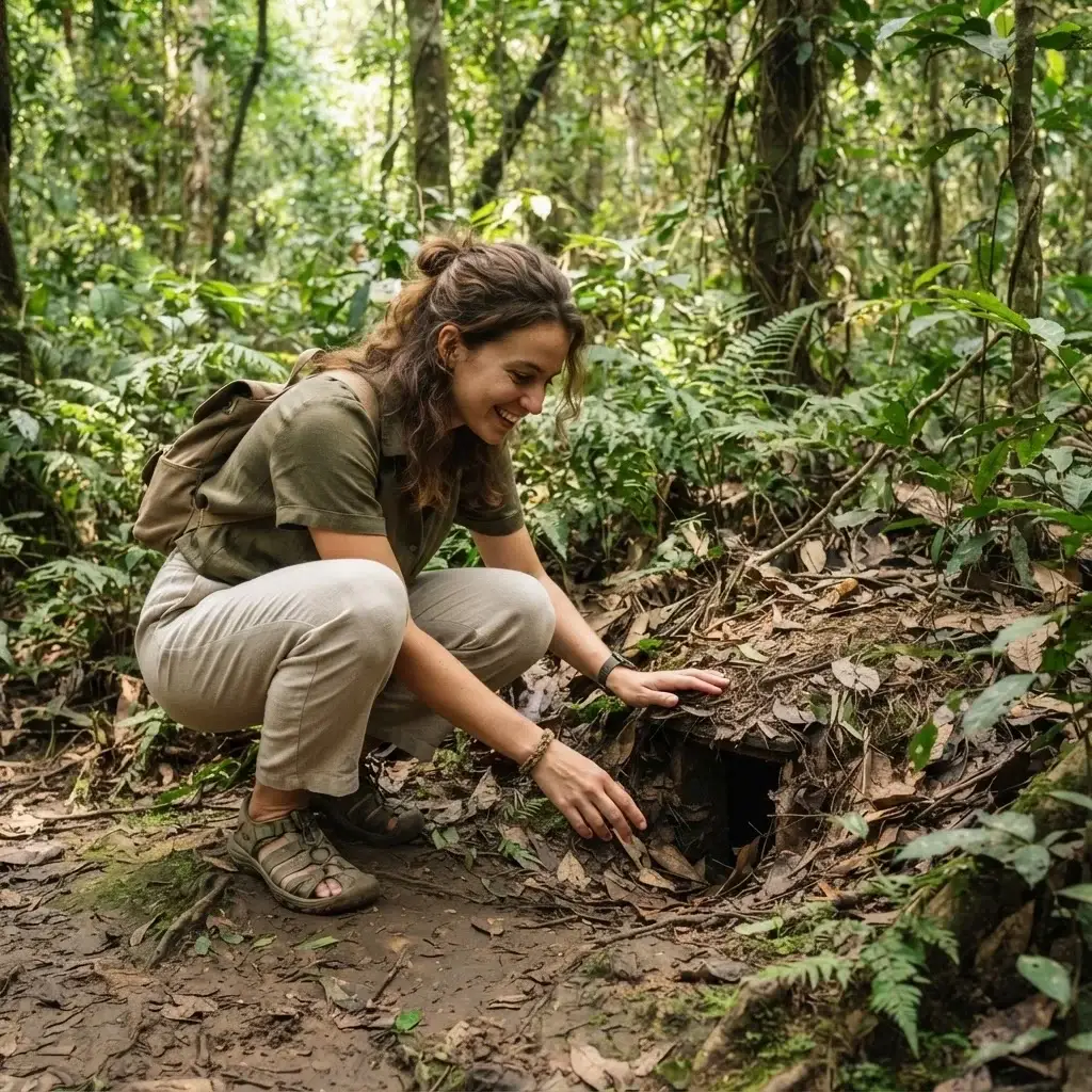 A female traveler wearing casual linen clothes crouching near a hidden tunnel entrance at the historic Cu Chi Tunnels in Vietnam.