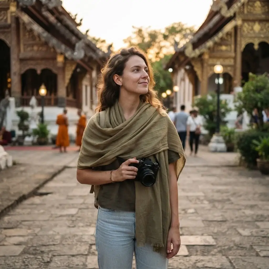 Emma Collins using a lightweight cotton travel scarf as a shoulder wrap while visiting a historic cultural landmark.