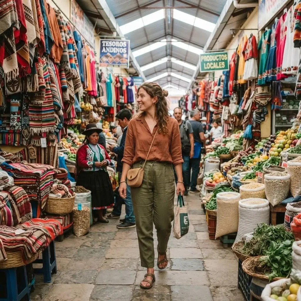 A solo traveler navigating the colorful aisles of San Pedro Market in Cusco, surrounded by local textiles and fresh Andean produce.