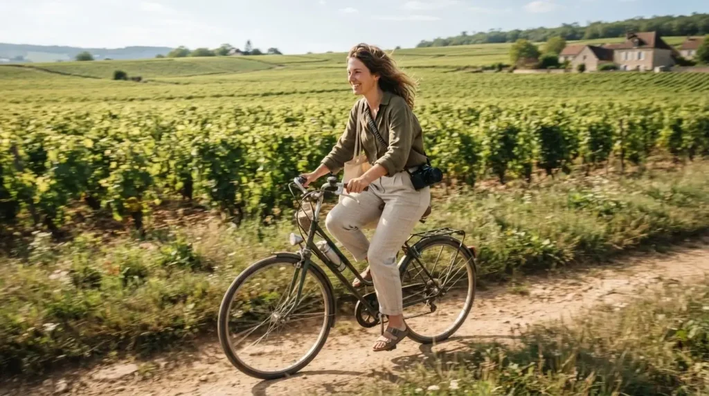 Emma Collins riding a vintage-style bicycle along the Route des Grands Crus in the Burgundy region, surrounded by lush rows of grapevines under a bright sky.