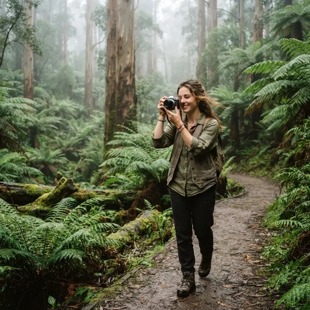 Solo female hiker with a camera walking through the tall eucalyptus trees and lush green fern gullies of the Dandenong Ranges near Melbourne.