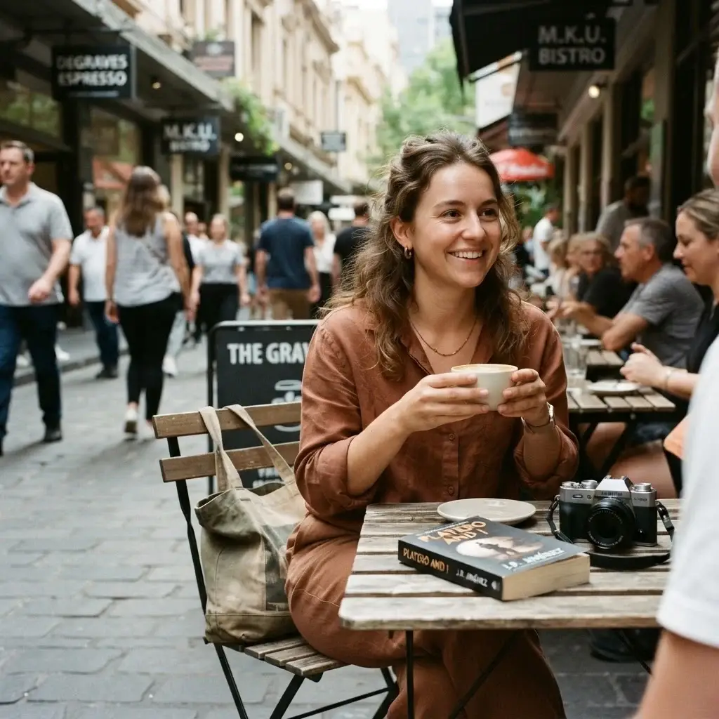 Solo female traveler with natural brown hair sitting at an outdoor cafe table on bustling Degraves Street in Melbourne enjoying a flat white coffee.