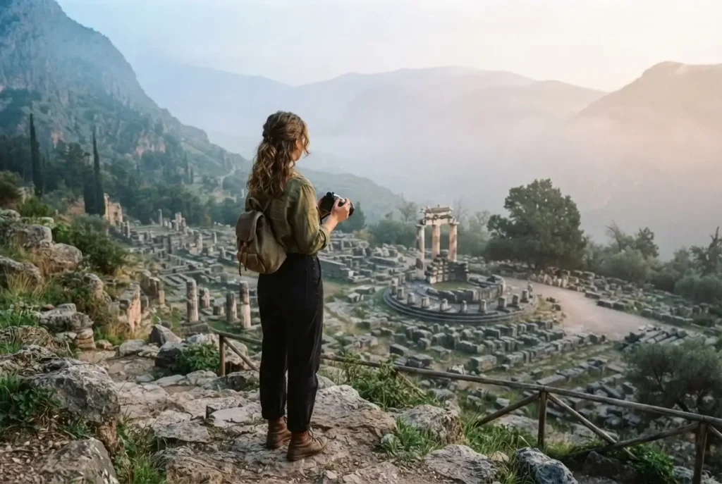 Solo female traveler overlooking the ancient sanctuary of Delphi on the slopes of Mount Parnassus in Greece in soft morning light