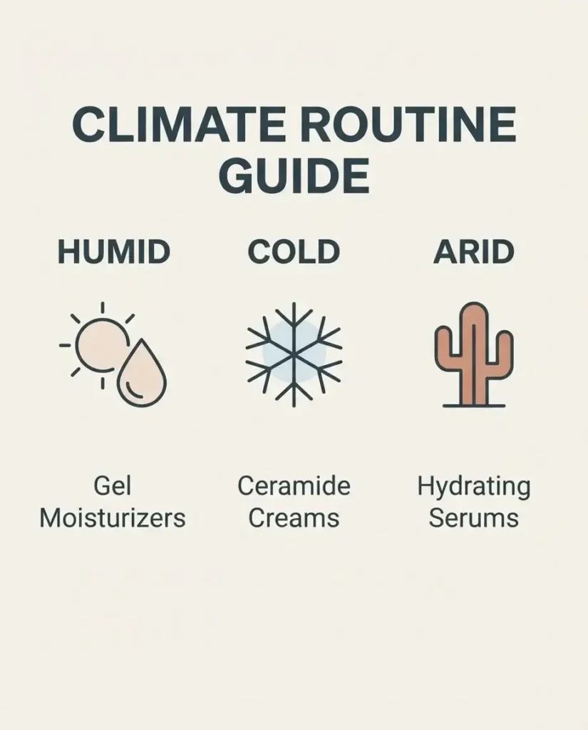 A flat vector infographic layout tracking skin routine changes across hot and humid, cold and dry, and arid desert climates using clear icons and brief text labels.