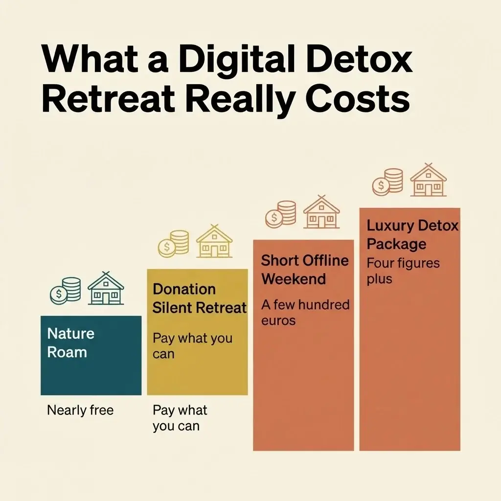 Flat vector cost comparison chart showing budget to luxury price ranges for European digital detox wellness retreats