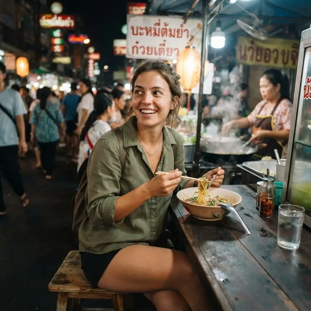 A real, unposed photo of a young female traveler with natural brown hair eating traditional street food at a lively open-air market stall in Thailand.