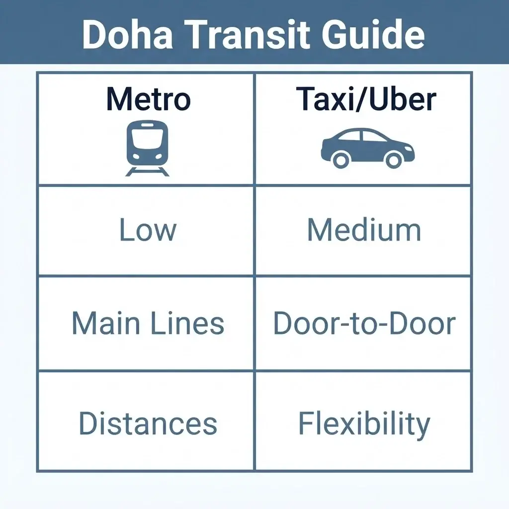 A comparison table showing the pros, costs, and best use cases for the Doha Metro versus Taxis and Uber for tourists.