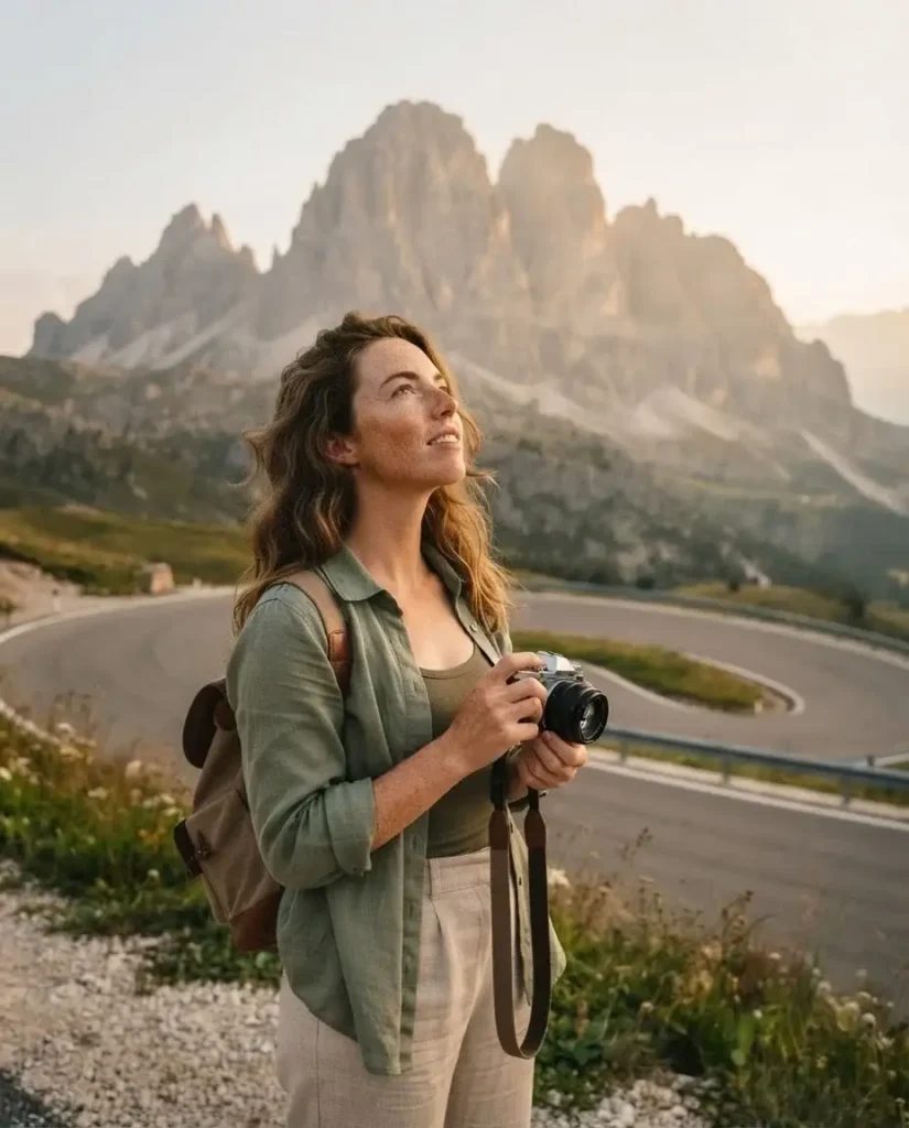 Solo traveler in earth-toned linen travel clothes looking at the jagged limestone peaks of the Italian Dolomites from a mountain road overlook.