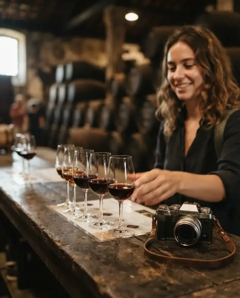 Glasses of tawny and ruby Port lined up for tasting at a riverside lodge in Vila Nova de Gaia, Douro wine region, Portugal