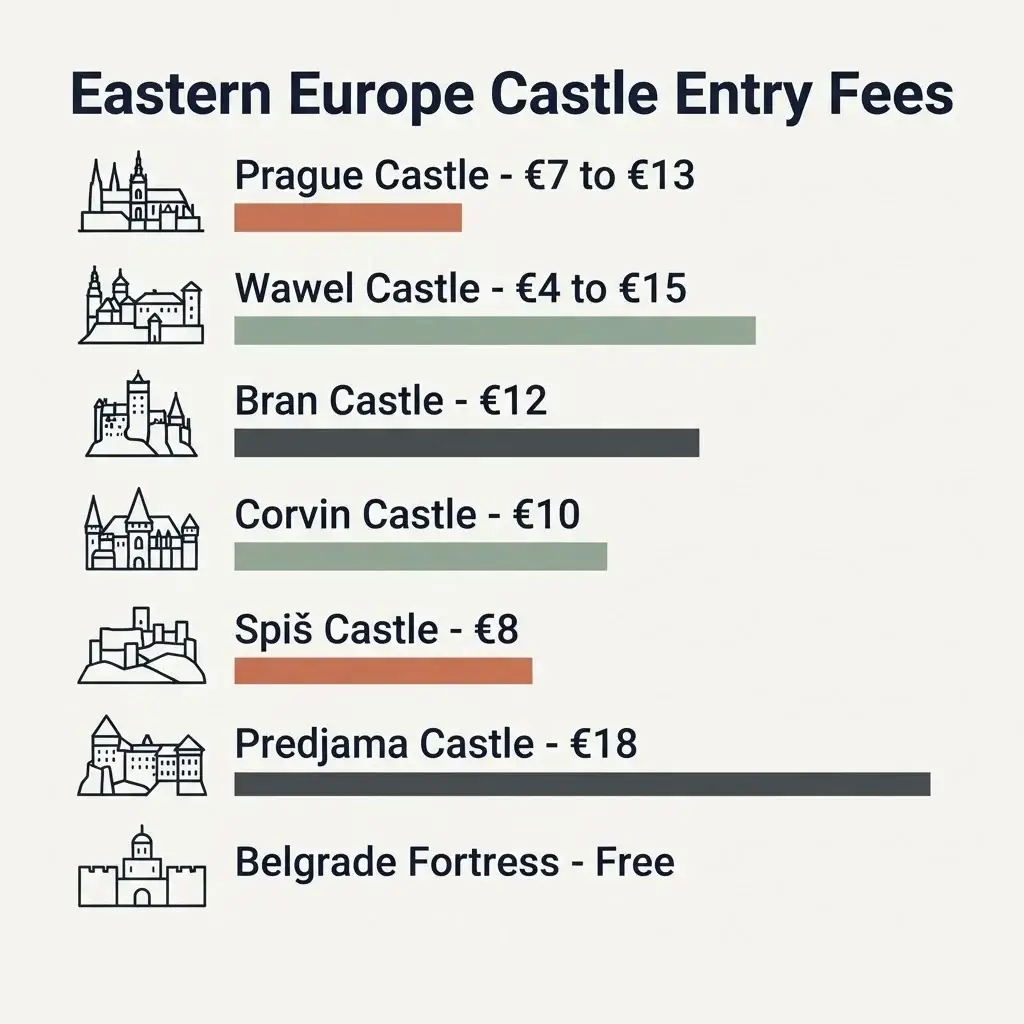 Flat vector infographic comparing entry fees for Prague Castle, Wawel Castle, Bran Castle, Corvin Castle, Spiš Castle, Predjama Castle, and Belgrade Fortress in Eastern Europe.
