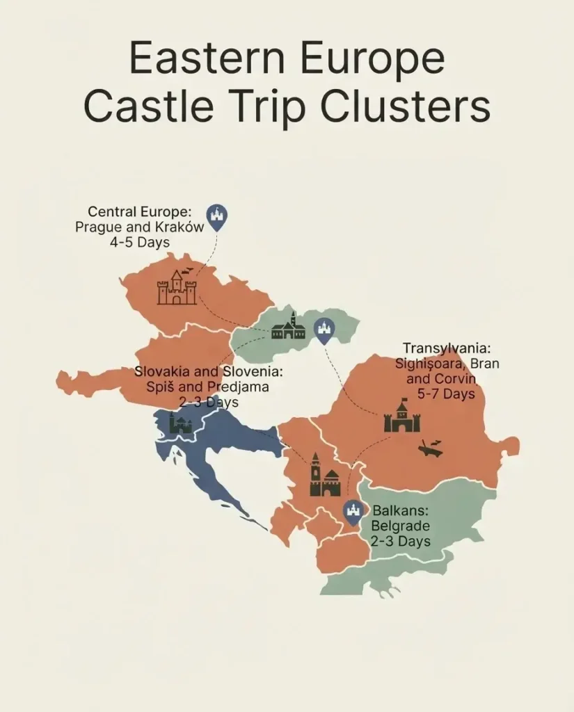 Flat vector map infographic showing four Eastern Europe castle trip clusters, Central Europe, Transylvania, Slovakia and Slovenia, and the Balkans, with suggested day counts.