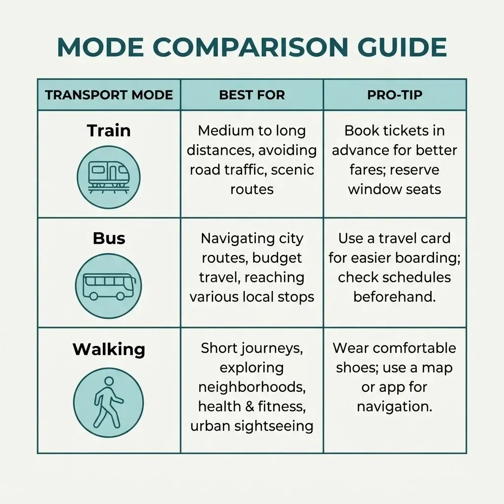 A clean comparison infographic table highlighting the advantages and best use cases for trains, buses, and walking as modes of transport in Eastern Europe.