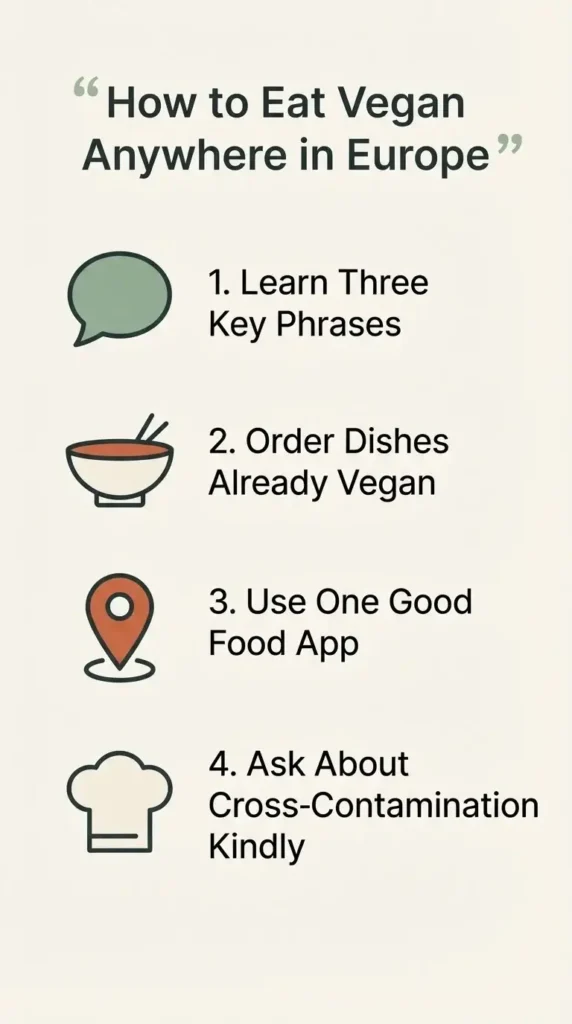 Flat vector checklist infographic showing four practical tips for eating vegan while traveling in Europe