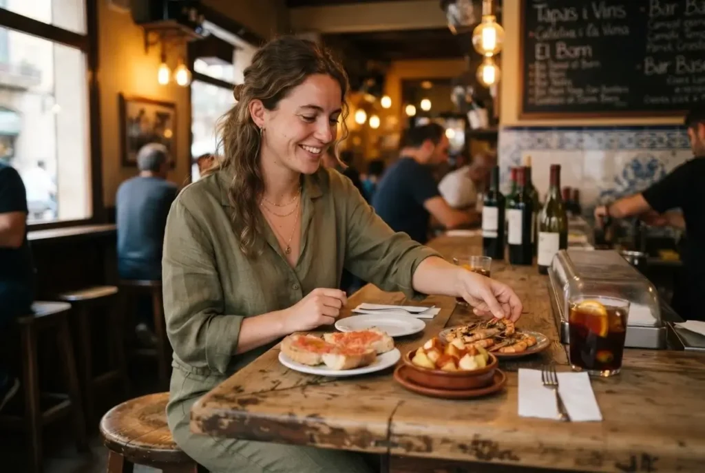 Small plates of tapas and pan con tomate on a rustic bar counter in the El Born neighborhood, Barcelona, Spain