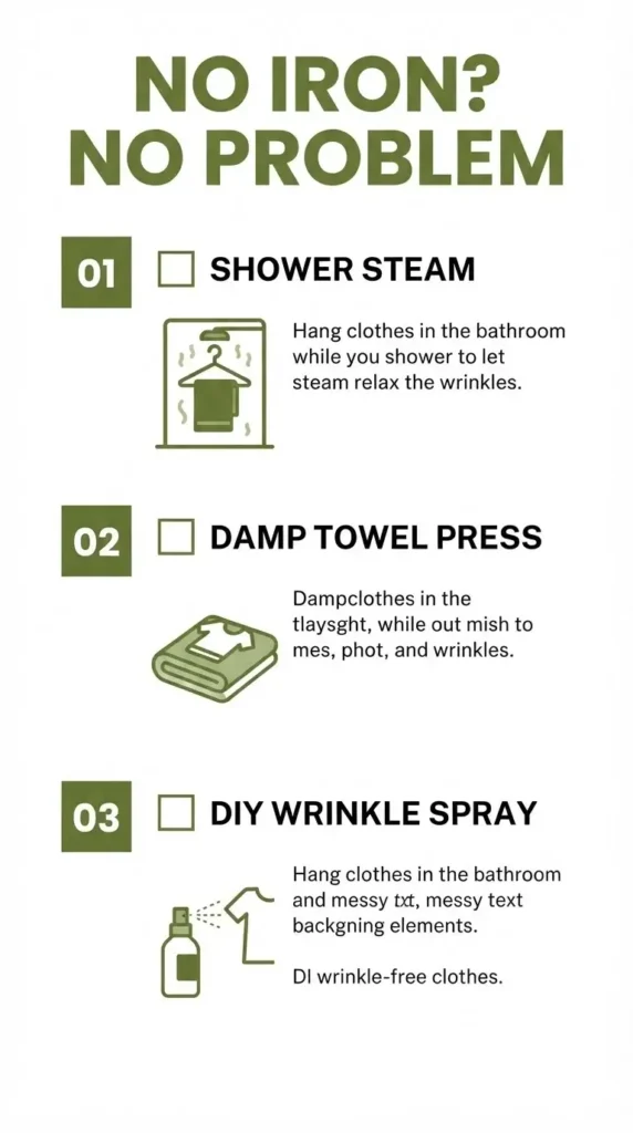 A 9:16 portrait infographic checklist showing three ways to remove wrinkles without an iron: the shower steam trick, the damp towel press, and the DIY wrinkle spray.