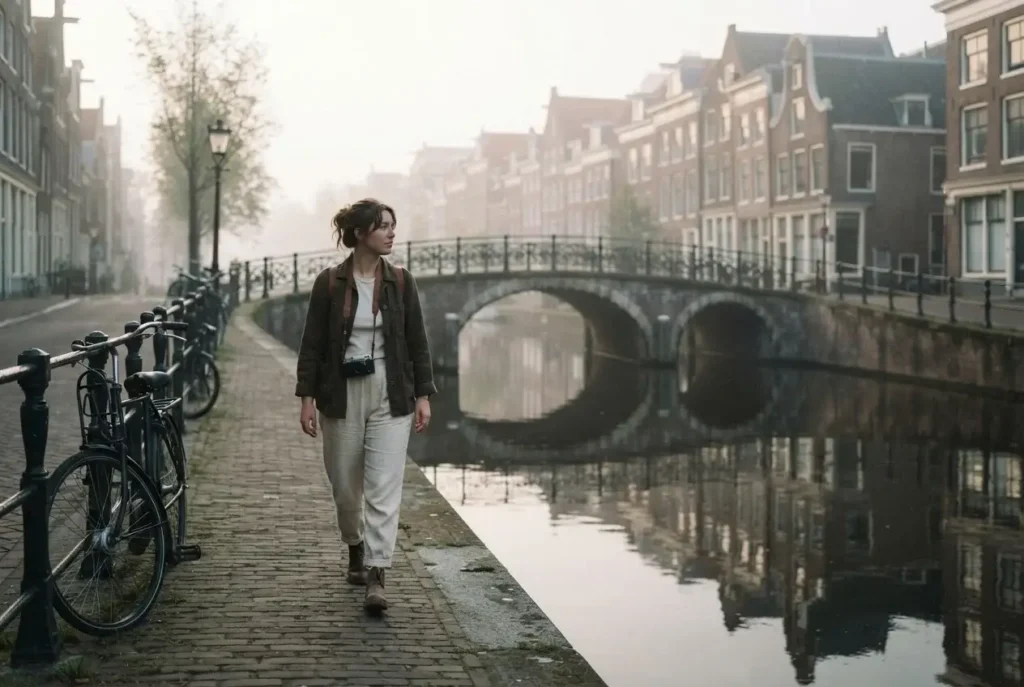 Quiet Amsterdam canal ring at soft morning light with a solo traveler walking beside gabled 17th-century houses, Netherlands