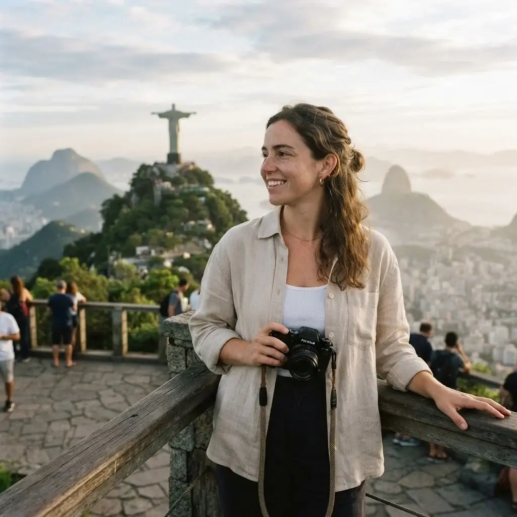 A female traveler with brown hair looking out over the Rio de Janeiro coastline and the statue of Christ the Redeemer from a high viewpoint during a bright morning.