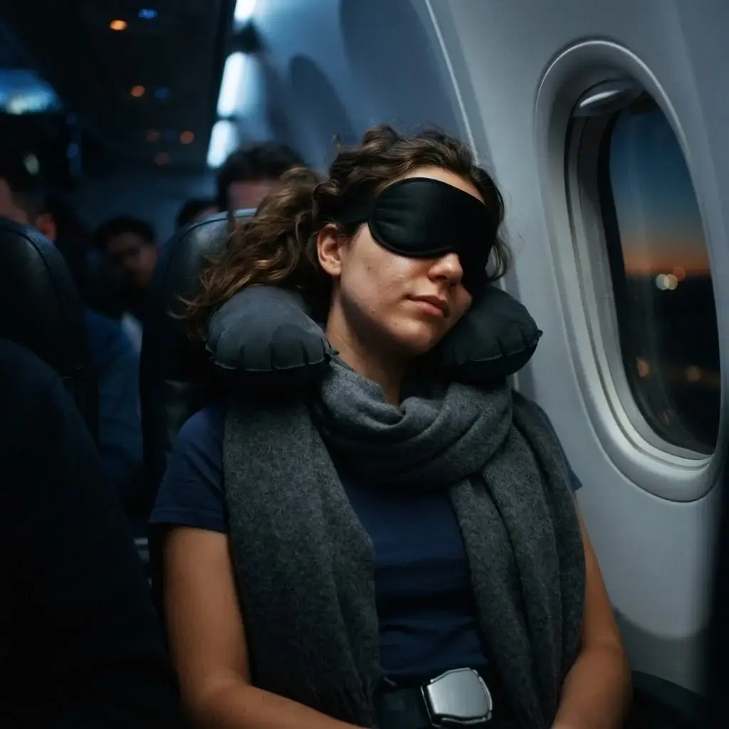 Solo traveler Emma Collins resting her head against an inflatable neck pillow with a 3D contoured eye mask and charcoal merino wool scarf in a dimmed airplane cabin.