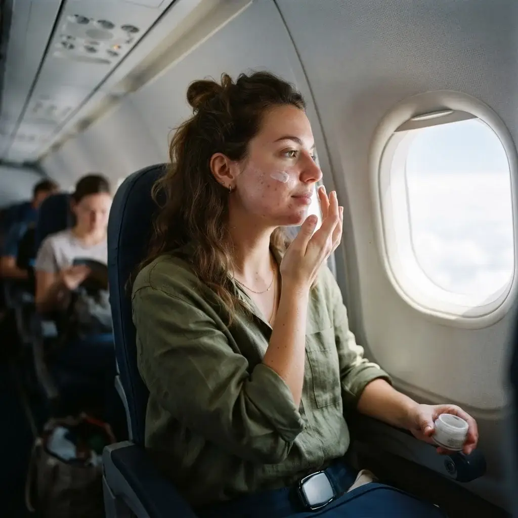 Close-up shot of Emma Collins sitting in an airplane window seat looking out at clouds while applying travel-sized moisturizing cream to her face.