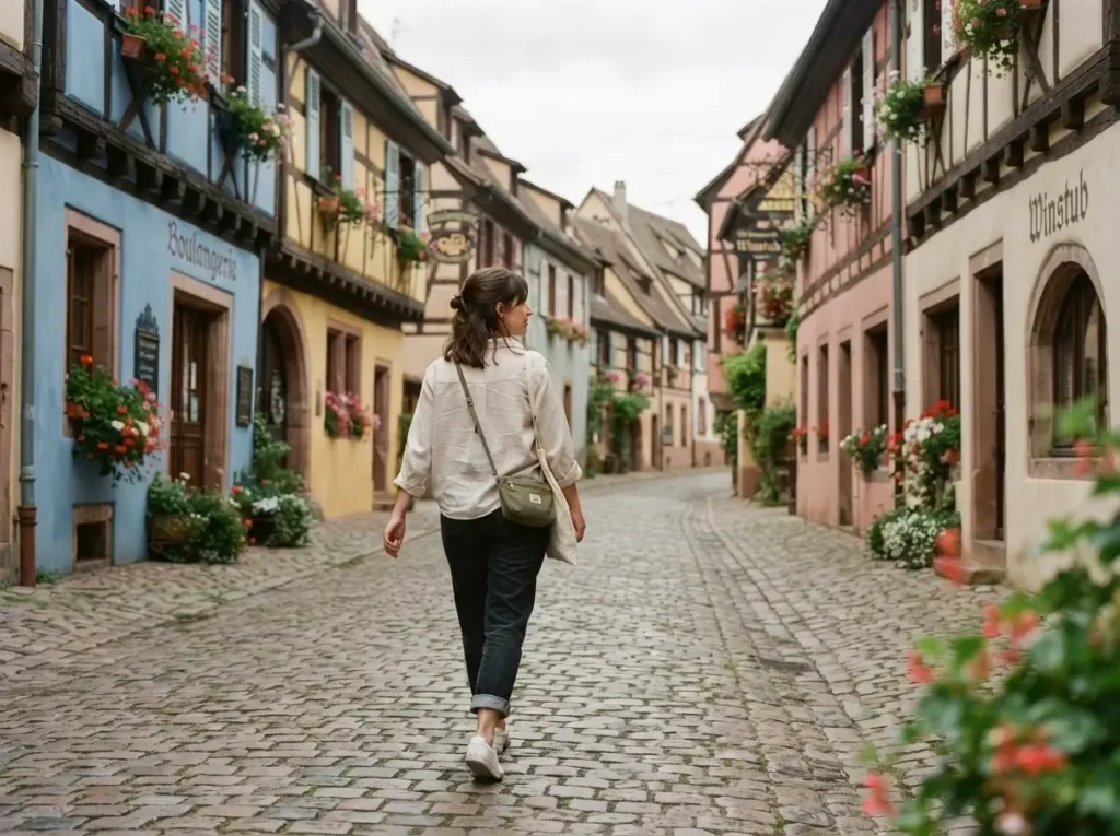 Female solo traveler walking down a quiet, narrow cobblestone street in a colorful Alsace village with half-timbered houses and flower boxes.
