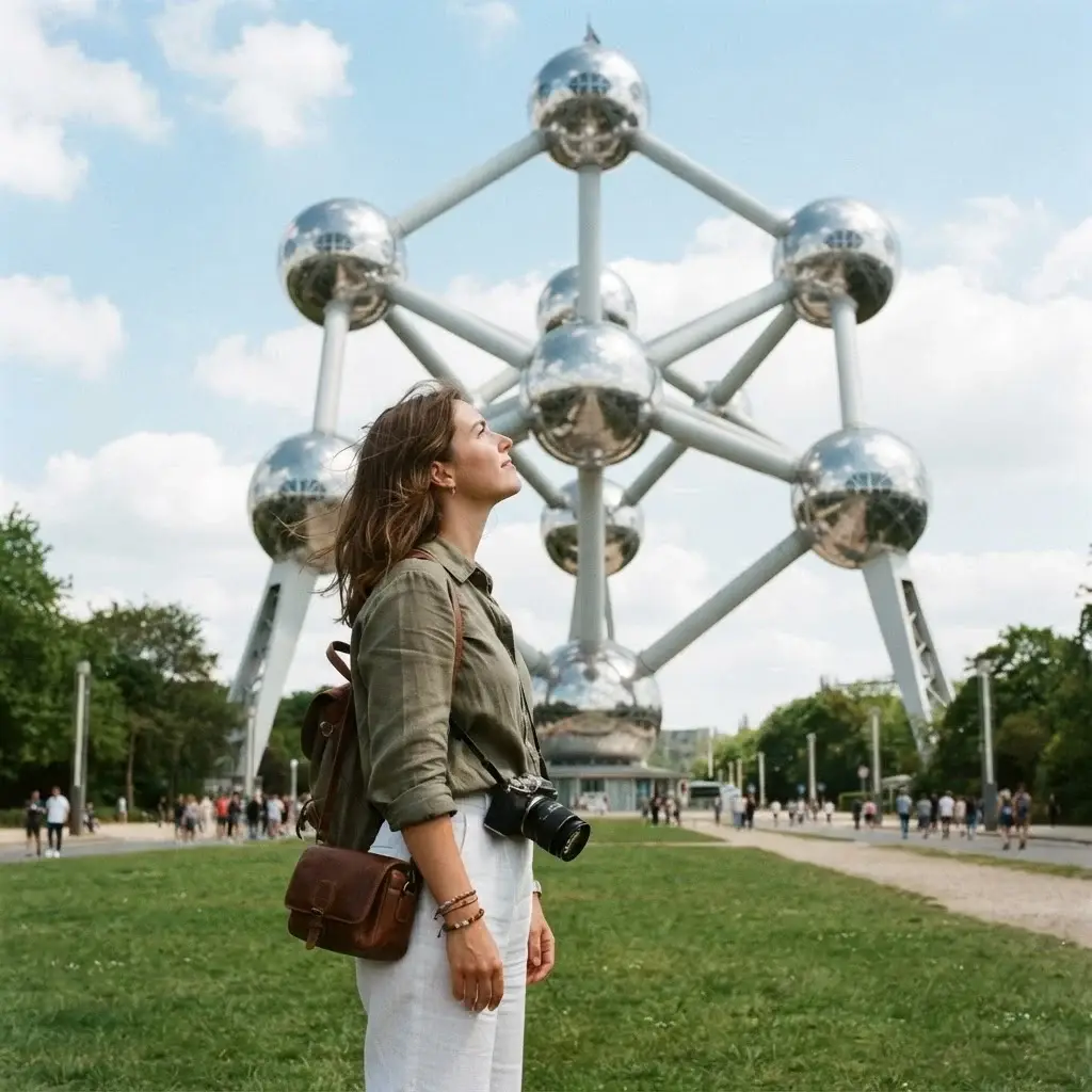 A wide eye-level photograph of a female traveler with a mirrorless camera looking up at the massive silver stainless-steel spheres of the Atomium monument in Brussels on a bright day.