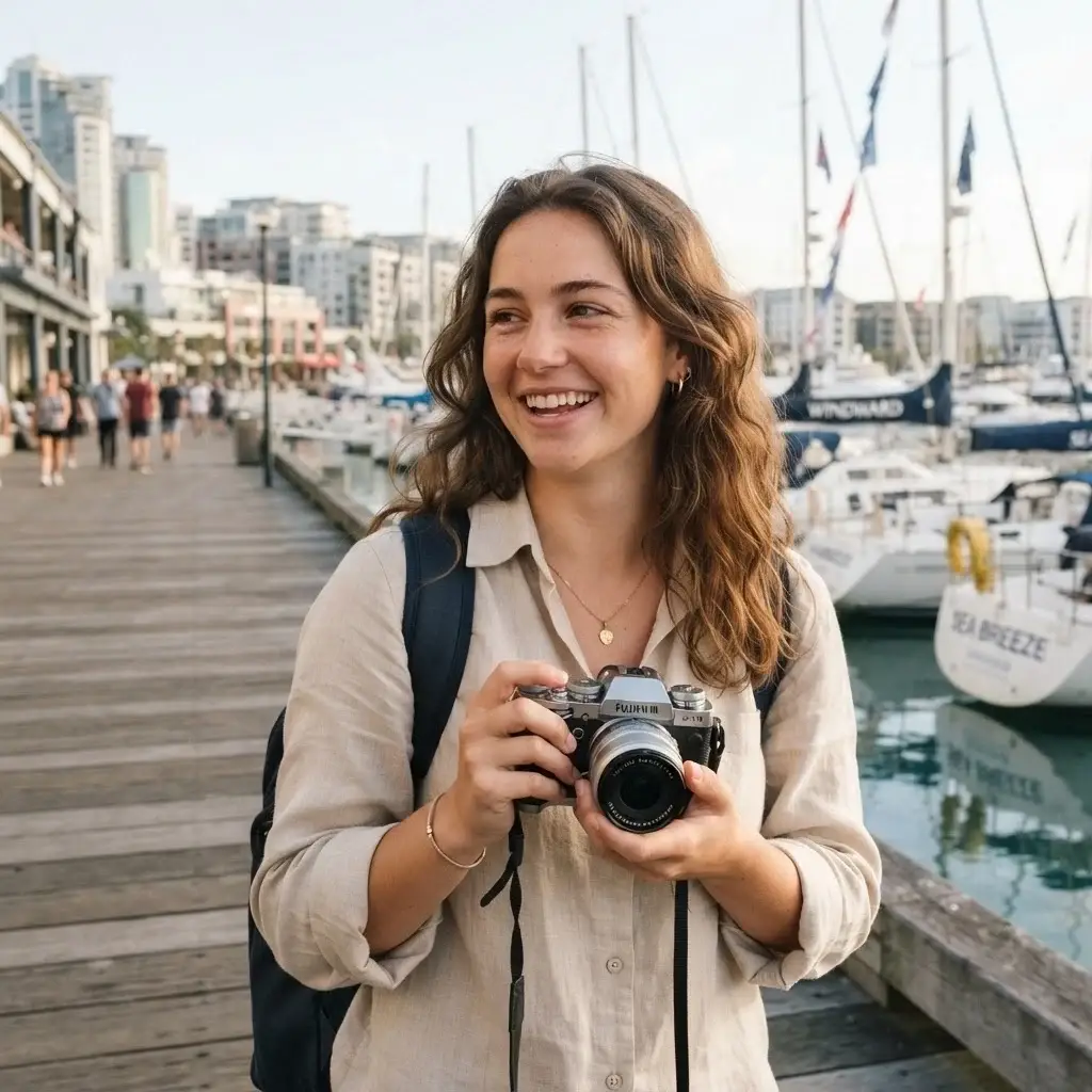 A solo traveler with brown hair stands on the docks of Viaduct Harbour in Auckland, holding a mirrorless camera and looking at the boats during a bright morning.