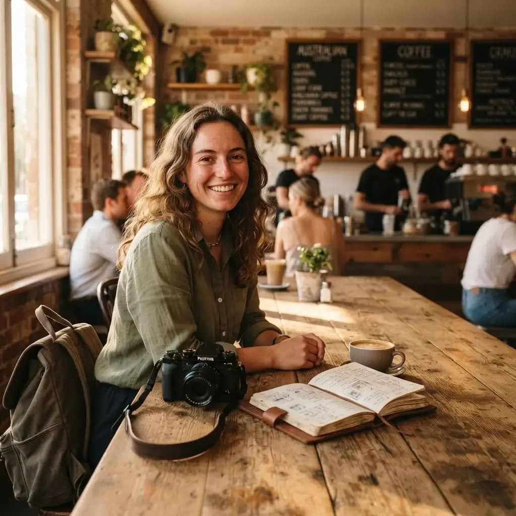 A solo traveler sitting at a bright, sun-drenched wooden communal table in an Australian cafe, writing in a travel journal with her camera resting beside her.