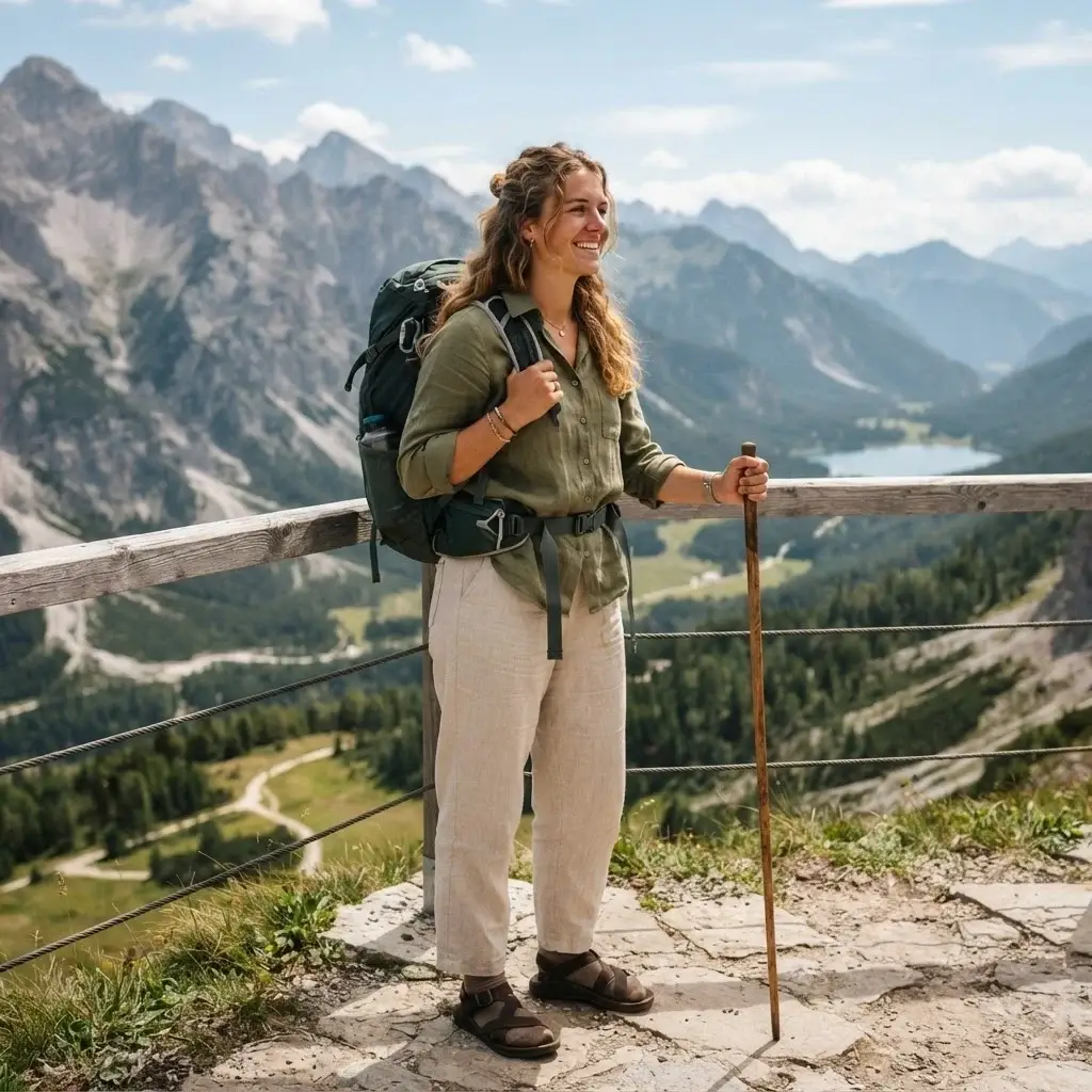 Emma Collins, a 20-something female solo traveler carrying a lightweight 40L backpack, stands confidently on a scenic overlook during a sunny travel day.