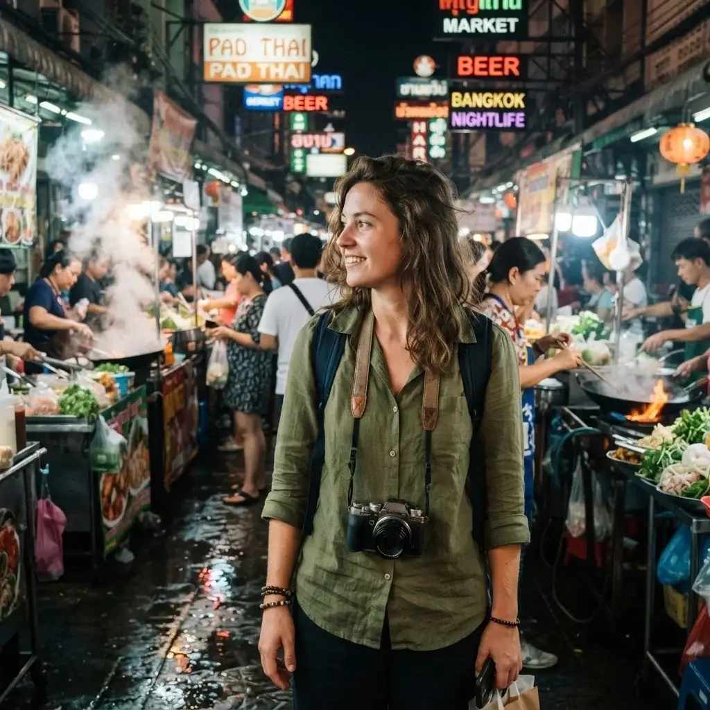 A young woman with a mirrorless camera exploring a vibrant, glowing Bangkok night market with street food carts.