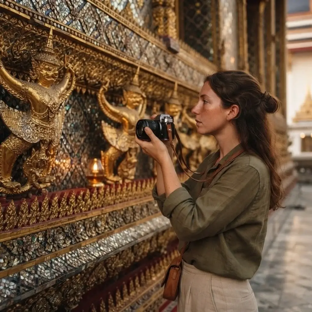A solo traveler with a mirrorless camera focusing on the intricate mother-of-pearl inlay details at Wat Pho temple in Bangkok, Thailand.