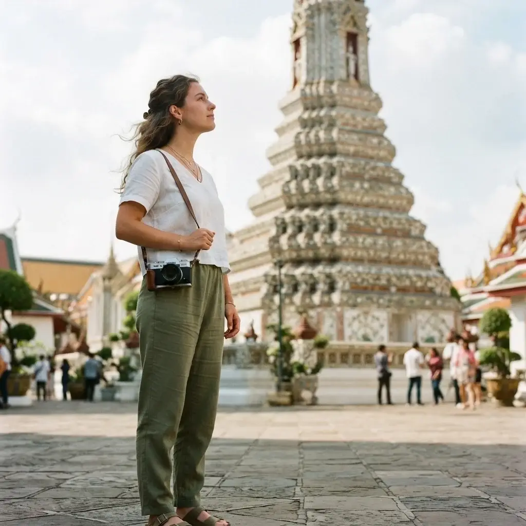 A side-profile view of Emma Collins wearing a breathable, loose linen outfit and a mirrorless camera strap, looking up at the intricate golden architecture of a temple spire in Bangkok, Thailand.