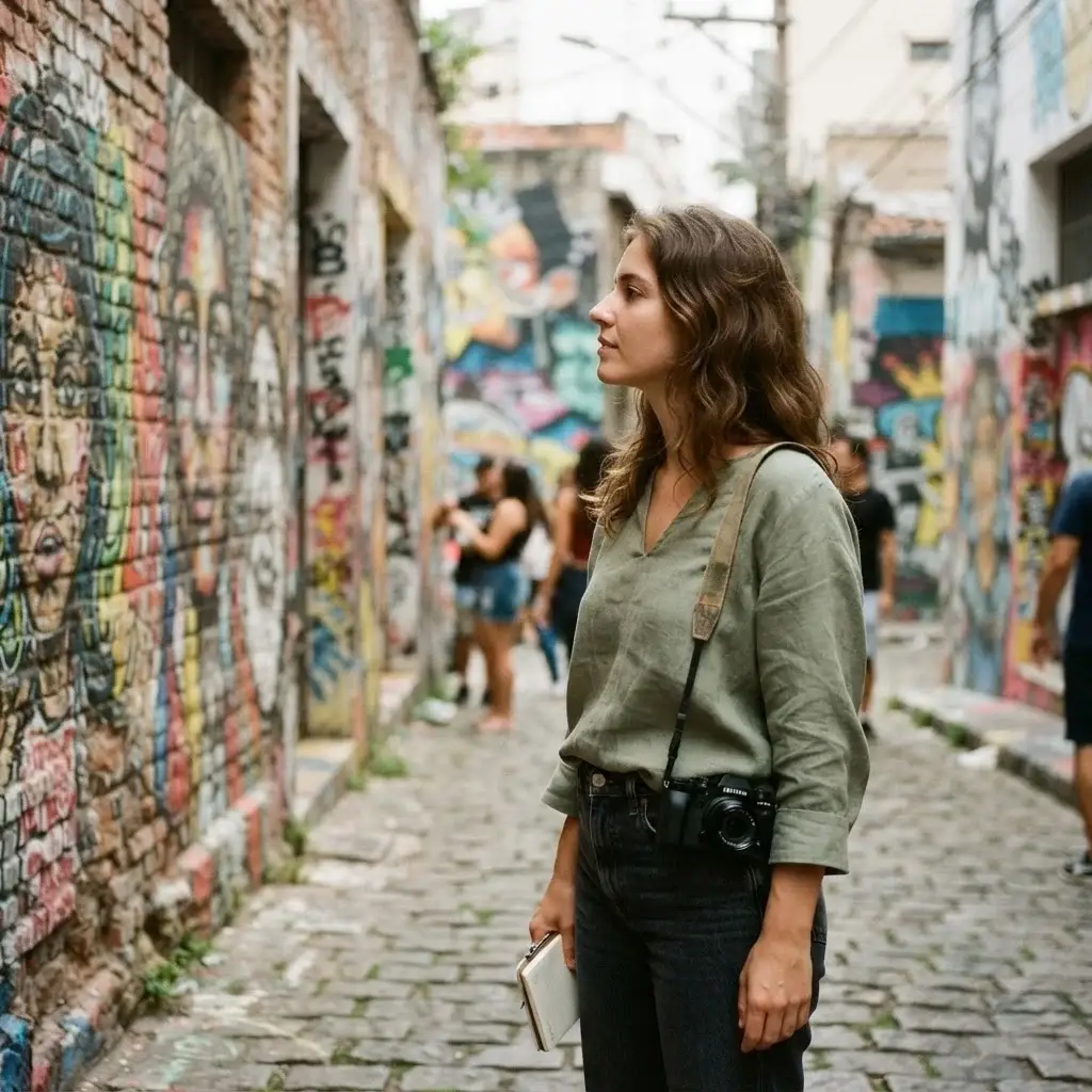 Emma Collins observing colorful, intricate street art murals in Beco do Batman, Vila Madalena, showcasing the creative, authentic spirit of São Paulo’s urban art scene.