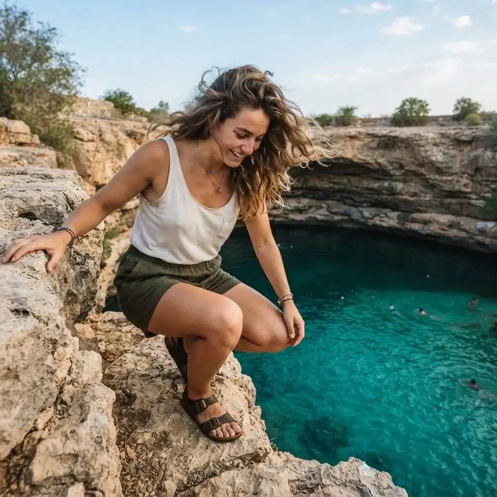 Emma Collins admiring the vibrant turquoise water of the Bimmah Sinkhole during a solo trip through the Omani countryside.