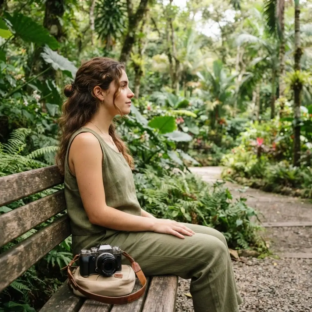 A young female traveler sitting peacefully in the Medellín Botanical Garden, reflecting on her trip with her camera by her side.