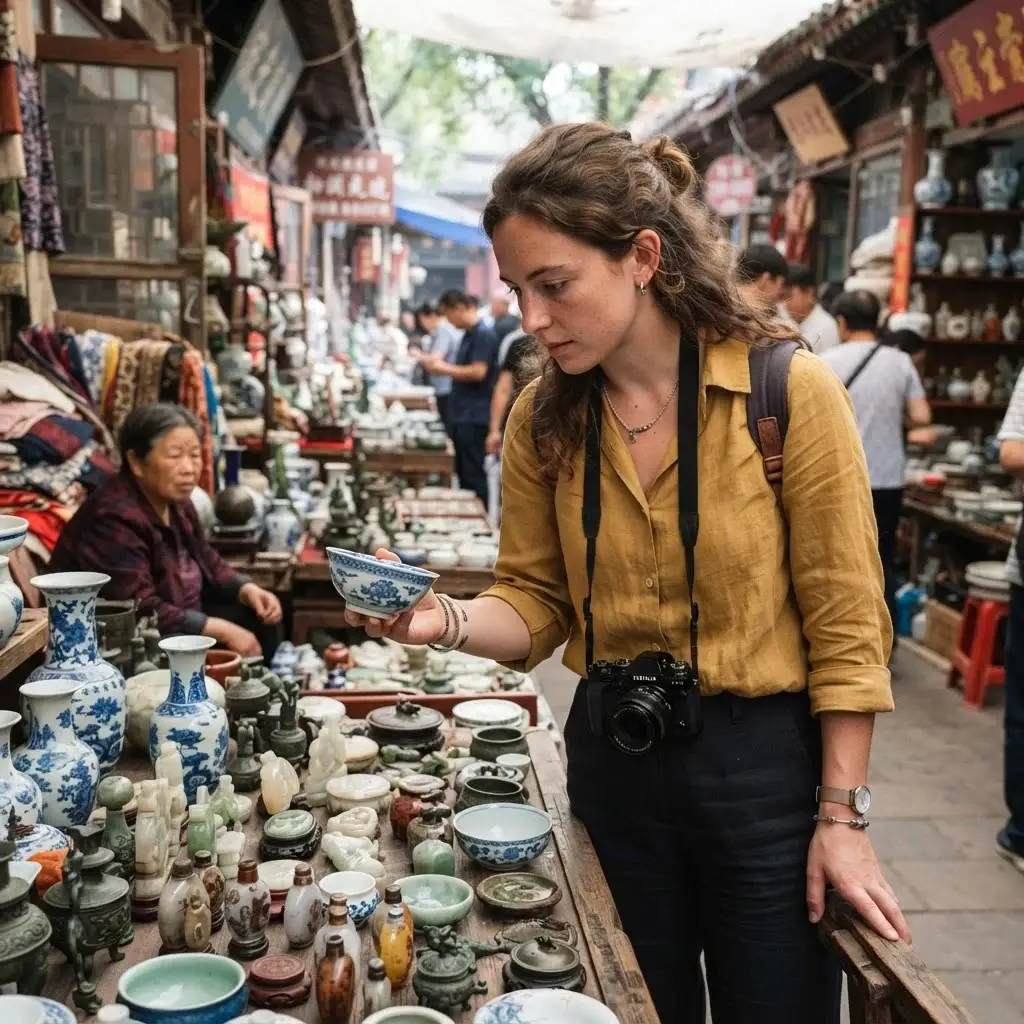 A female traveler with a mirrorless camera browsing through a stall filled with colorful antique porcelain and traditional Chinese trinkets at Panjiayuan Market in Beijing.