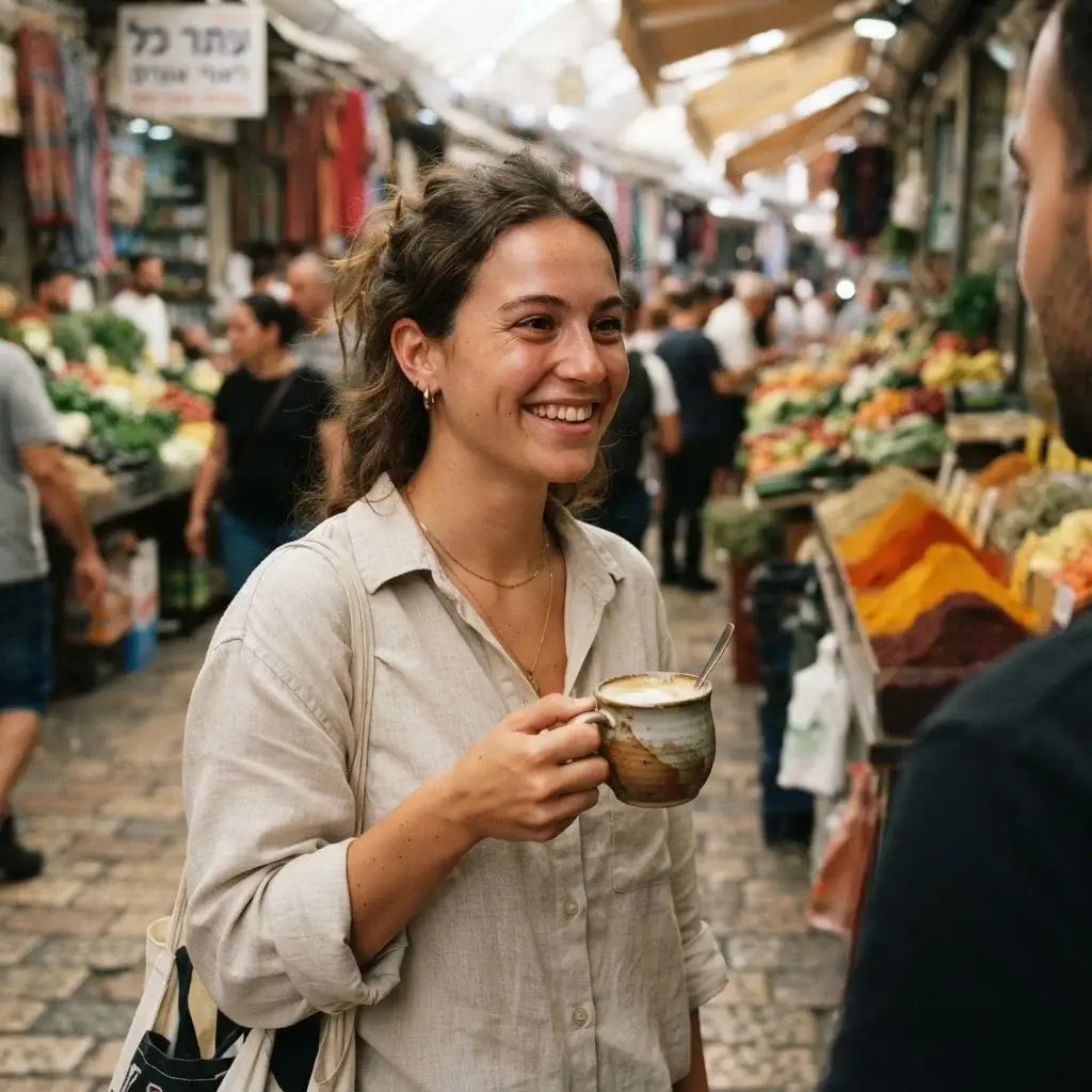 A candid photo of solo traveler Emma Collins holding a warm cup of coffee while exploring the colorful, spice-filled Carmel Market in Tel Aviv.