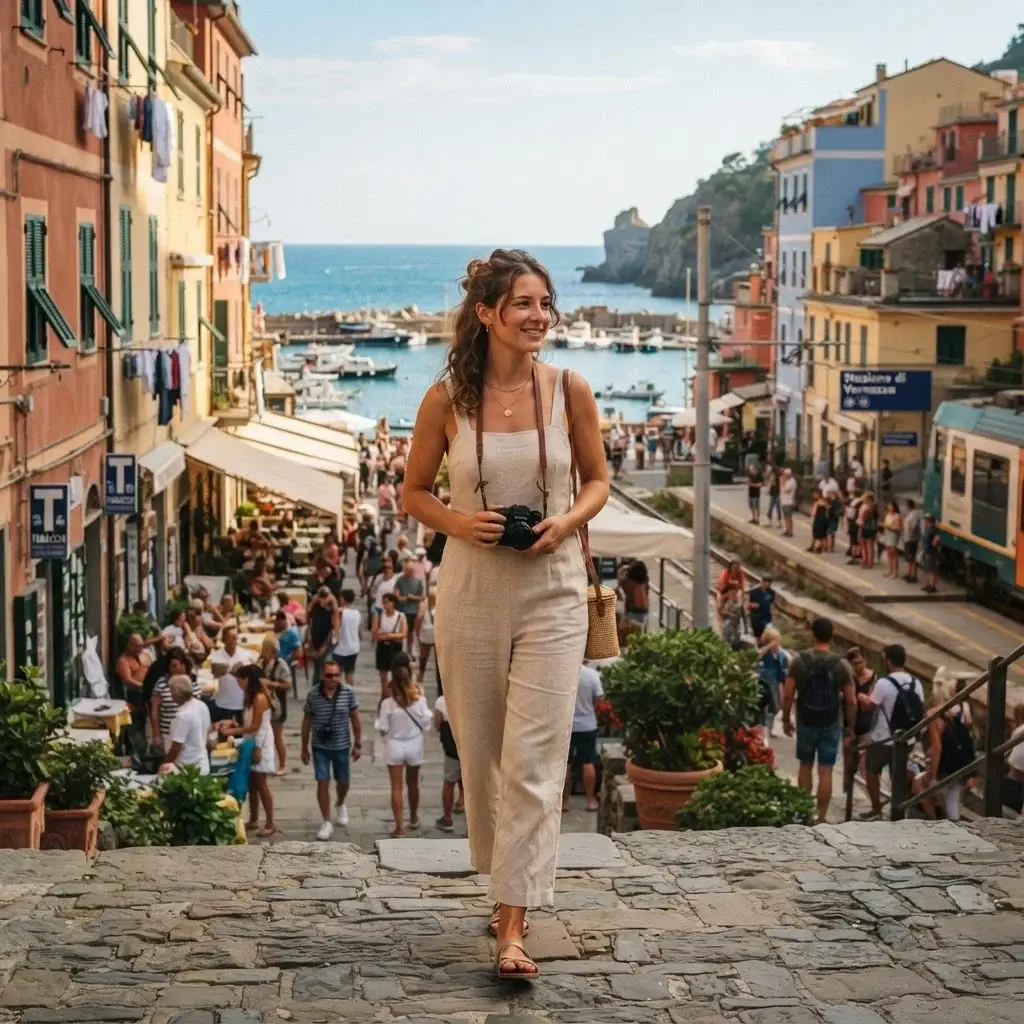 A young woman exploring a colorful coastal Italian village near a train station, holding a camera, with the Mediterranean Sea in the distance.