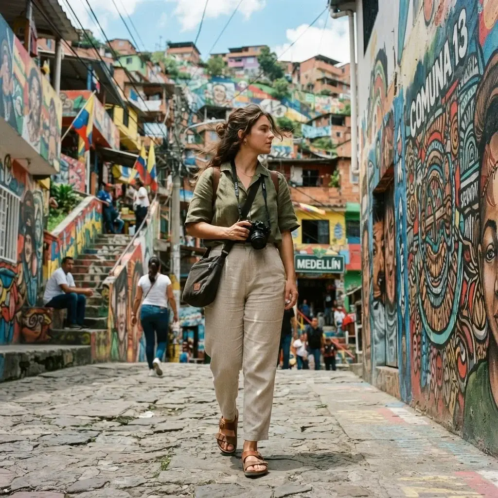A solo traveler interacting with colorful graffiti art murals on the hillside of Comuna 13, Medellín, under a bright sky.