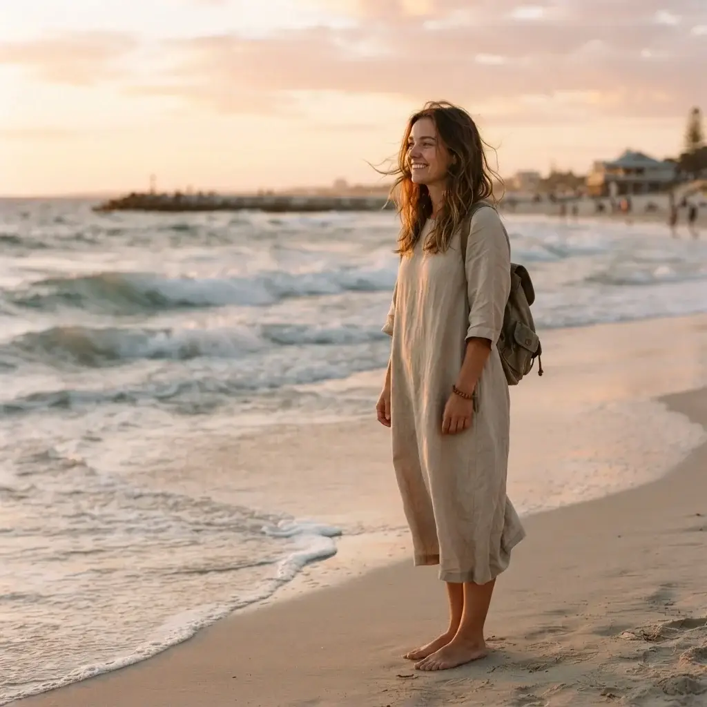 A candid eye-level shot of a traveler standing on the sand at Cottesloe Beach in Perth, watching a golden sunset over the Indian Ocean.