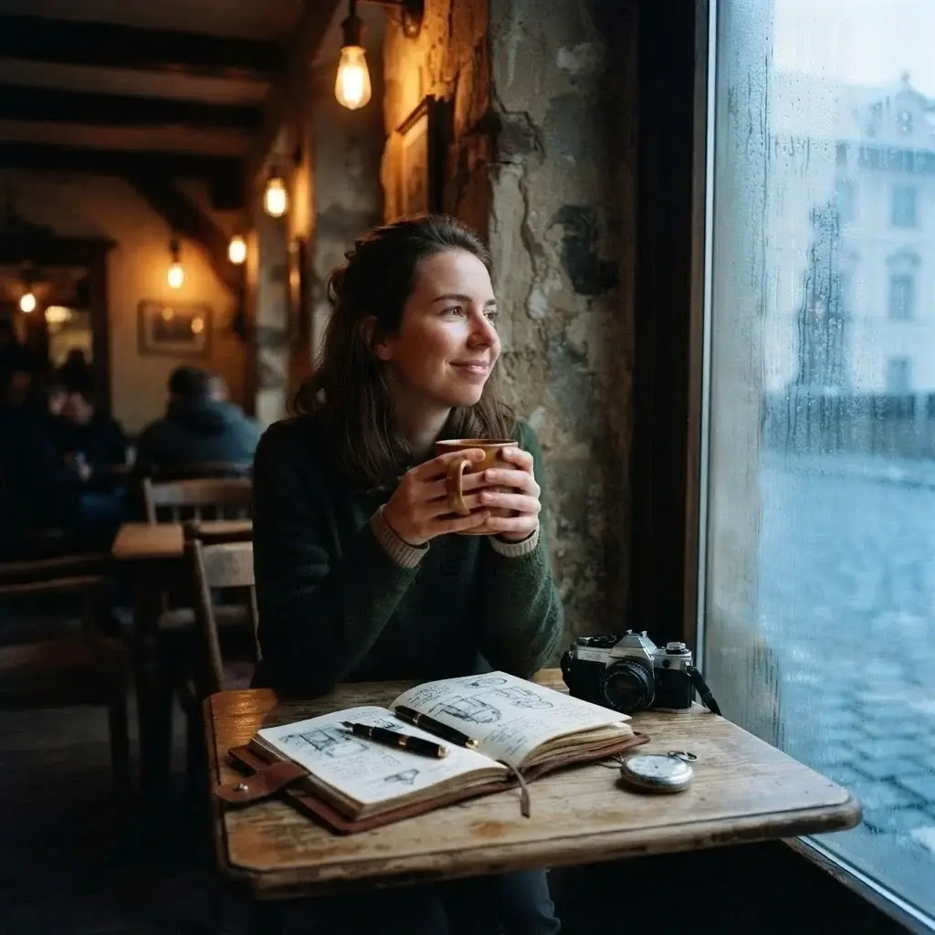 A solo traveler sitting by a foggy, steamed-up window in a cozy, rustic European cafe, holding a warm cup of hot chocolate, with a leather-bound travel journal on the wooden table.