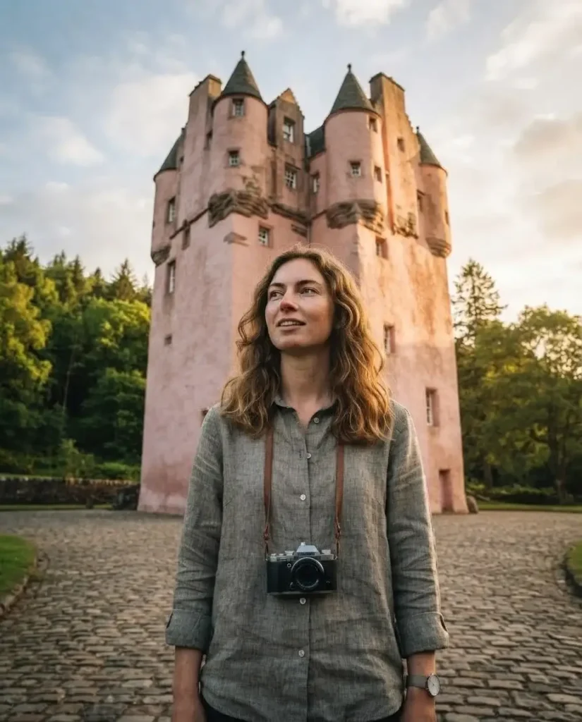 Emma Collins looking up at the iconic pink stone tower of Craigievar Castle surrounded by lush green Scottish forest.