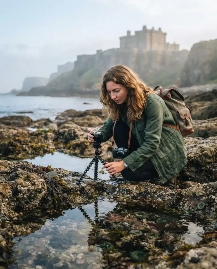 Emma Collins exploring the rocky shoreline beneath the historic Culzean Castle on the Scottish coast with a mirrorless camera in hand.