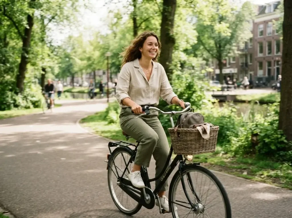 Emma Collins riding a vintage city bike through a lush green park in the Netherlands, natural light, authentic Dutch lifestyle photography.